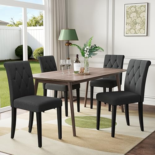 Welzona Upholstered Dining Chairs Set of 4, Button Tufted Parsons Chair with Solid Wood Legs - Modern Fabric Side Chairs for Dining Room/Kitchen/Restaurant/Hotel, Black