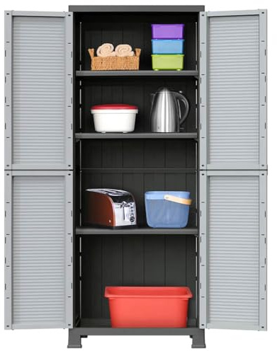 Nusvialune Armoire en plastique avec 2 portes et 4 étagères réglables, 68 x 39 x 171,5 cm, gris, armoire multifonction pour bureau, cave, atelier, avec compartiment verrouillable et grand espace de