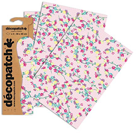Décopatch - Ref C747O - Pink Pastel Flower Pattern Paper Pack - Each Sheet 30 x 40cm, Pack of 3 Paper Sheets - Best Used With Décopach Glue & Varnish, Pink