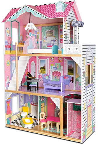 leomark Casa de Muñecas de Madera con Ascensor - Bella Apartamento - Equipo Completo, 3 Pisos, con Muebles y Accesorios (14 Elementos), Color Rosa con LED