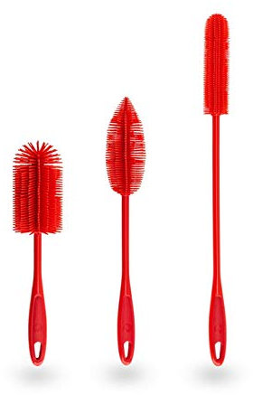Kochblume Silikonbürsten mit austauschbaren Köpfen in Pinker Box + Reißverschlussbeutel, Flaschenbürste, Spülbürste, antibakteriell, keimfrei, 3er Set rot