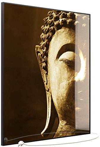 STEINFELD Heizsysteme® Glas Bild Infrarotheizung Flachheizkörper mit Thermostat | Made in Germany | viele Motive 350-1200 Watt Rahmen schwarz (1200 Watt, 025H Buddha)