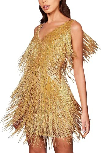 memoriesofu Vestido de mujer con borlas brillantes y flecos, sexy, cuello en V profundo, sin espalda, con lentejuelas, vestido de cóctel para fiesta