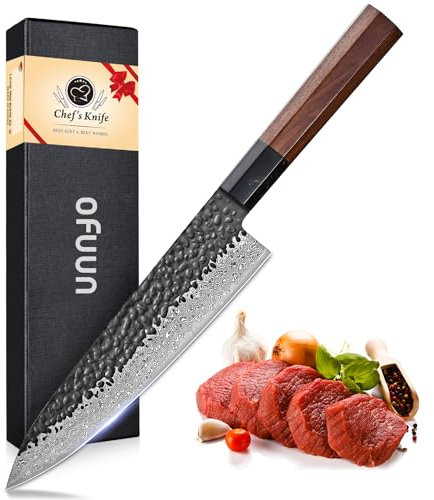 oFuun Couteau de Chef Damas, 20cm Couteau de Cuisine Japonais Professionnel, Couteaux Cuisine en Acier à Haute Teneur en Carbone VG10, Manche en Bois de Rose et Coffret Cadeau