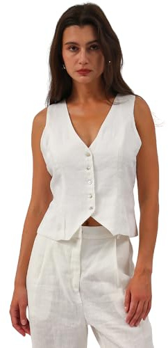 Amazhiyu Gilet da donna in puro lino, senza maniche, con bottoni, scollo a V, top estivo, gilet con cinturino regolabile