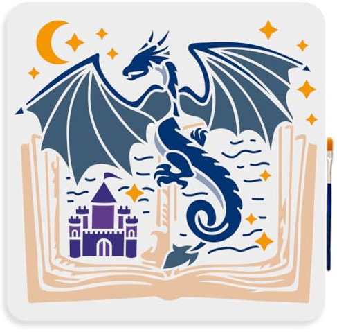 MAYJOYDIY Drachen Feenbuch Schablone 30 × 30cm Mittelalterliches Drachenbuch Zeichenschablone Mit Pinsel Verträumtes Schloss Mond Stern Vorlage Für Heimwerkerarbeiten Leinwand Wand Heimdekoration
