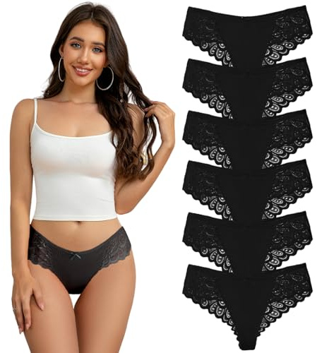 Hialegion Lot de 6 Tangas en Dentelle pour Femme Taille Haute Invisible et Sexy Culotte sans Couture Respirante et Confortable String de Sport en Nylon Doux M