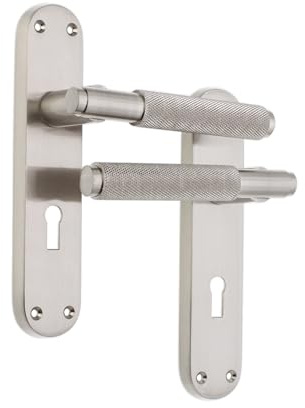 Infinity Decor Pair of Satin Nickel Knurled Lever on Keyhole Backplate Lock Door Handles Set - Ideal for Interior & Exterior Doors