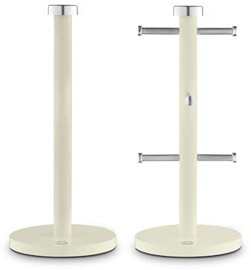 Swan Townhouse Kitchen Towel Pole and 6 Mug Tree Set with Colour Coated Iron, Chrome Accents and Weighted Bases, Cream