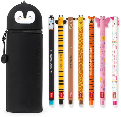 LEGAMI - Set of 7 Erasable Gel Pens + 2-in-1 Pencil Case Pen Pot - with Thermosensitive Erase Ink, Ink colours & barrel designs, 0.7mm Tip, Set 2 (Penguin)