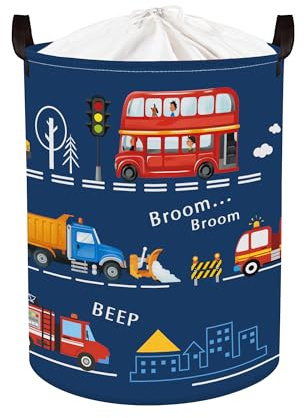 HUUMONSS Foldable Laundry Hmaper Large Kid Toy Basket, 63L | Water Resistant Coating, Soft Lifting Handles, Fabric, Blanket Clothes Book, Boy Girl Room Bedroom Bathroom, Car