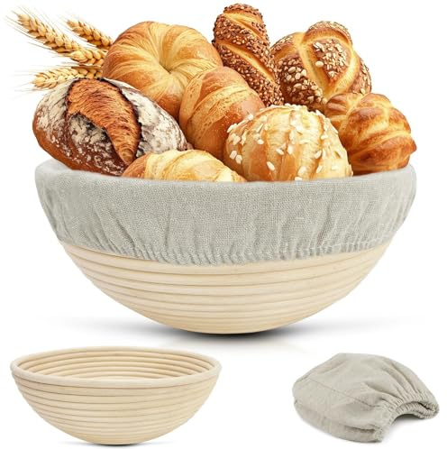 Yonality Cesta de Fermentación para Pan 23cm con Lino, Cesta Fermentada Tejida a Mano de Ratán Natural, para 1 kg de masa, Cesta para Pan de Masa Madre para Principiantes y Experimentados