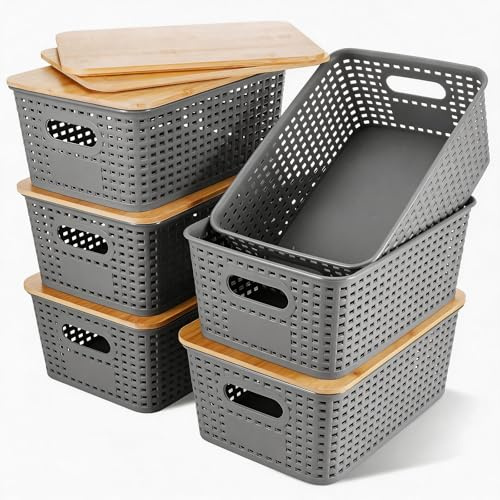 Huiguli 6 Piezas Cajas Organizadoras con Tapa de Bambú, Cestas Almacenaje Decorativa Plástico Apilables para Baño, Estanterías, Cajones y Oficinas Cajas Almacenaje Plastico con Efecto Mimbre (Gris)