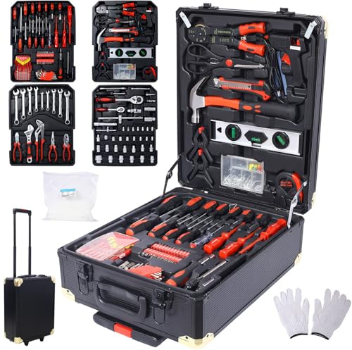 SRECELL 969-Piece Home Repair Tool Set with Rolling Tool Box – General Household Tool Kit with 4-Drawer Trolley Case, Hand Tool Set for Maintenance, Garage, Garden, Homeowner & Handyman, Black