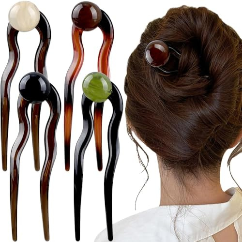Fermagli per capelli a forma di U, fermagli per capelli francesi con perle, per donne, eleganti, in acetato, per capelli castani, per chignon, accessori per capelli vintage, 4 pezzi