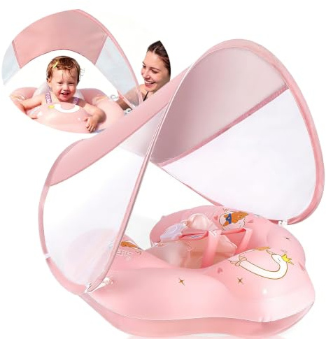 Float with Canopy and Tail New Upgraded Non-Inflatable Baby Pool Float Float Swim Trainer Solid Infant Swim Float Adjustable Baby Swim Ring