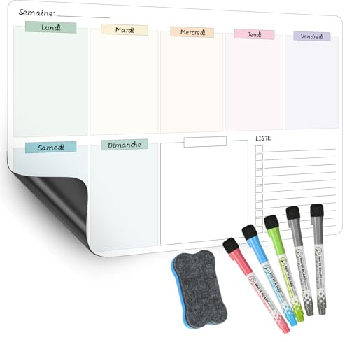 SONNELD Tableau Planning Frigo Magnétique 42x30cm – Semainier Magnétique effaçable et réutilisable – Tableau Frigo Magnétique pour menus, emploi du temps et tableau organisation famille