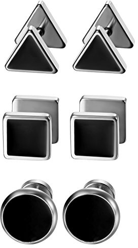 Aron Cent 3 pares pendientes para hombre acero inoxidable esmalte redondas triángulo cuadrado Falso Plugs Fake Plug Pendientes de Oído túnel Piercing Plata Negro