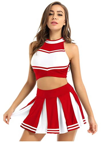 iiniim Damen Cheer Leader Cheerleading Kostüm Crop Tops mit Faltenrock Tanzkleid Cheer Outfits Halloween Fasching Karneval Verkleidung Rot L