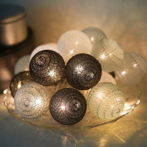 Ciskotu Lichterketten Inne Batterie, 3.8M Lichterkette Lampions 20 LED, Cotton Ball Lichterkette Kugeln für Kinderzimmer Weihnachten Party Garten Terrasse (Grau)