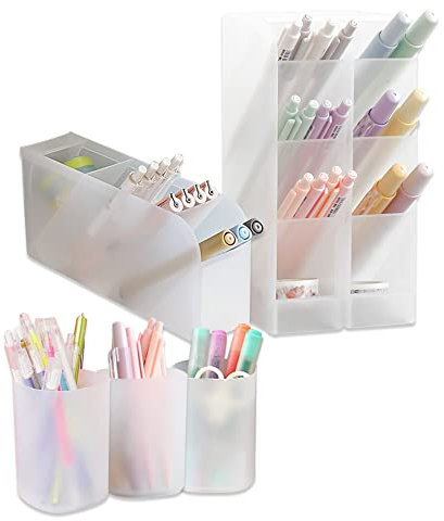BOJVESH 6Pcs Multi-function Pen Organizer Storage, Translucent Desk Pencil Organizer Pencil Pot, Pen Storage Holder for Office School Home Supplies Socks Cosmetics (White)