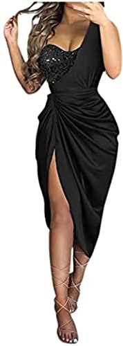 Vagbalena Abito da Cocktail Donna Formale Elegante Matita Midi Una Spalla Paillettes Slim Sexy Fessura Midi Abito Party Sera Cena (Nero,XL)