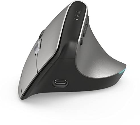 Hama ergonomische Maus „EMW-700“, 2,4 GHz + 2x BT 4.2 (Vertikalmaus kabellos für drei Geräte, Hochkant Maus mit wiederaufladbarem Akku, dpi 1000, 1600, 2400, 8 Tasten, beugt Mausarm vor) anthrazit