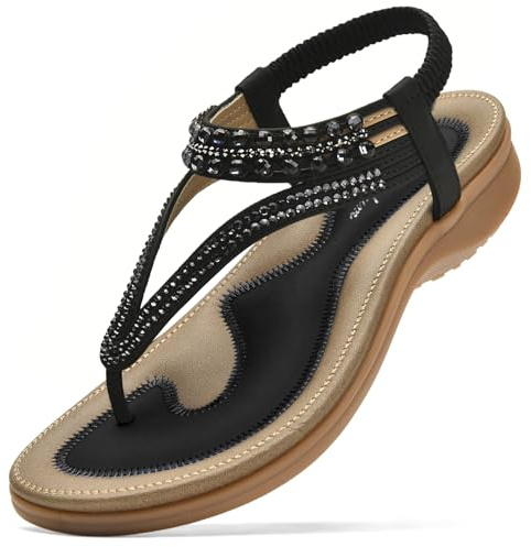 Littleplum Womens Sandals Arch Support Slingback Rhinestone Dressy Sandals Comfort Summer Shoes Ankle Strap Elastic Flats for Beach Walking Elegant Black Size 9