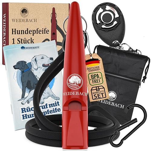 Weidebach® verbesserte Hundepfeife 2.0 mit stabilerem & lauterem Ton, inkl. Clicker, Leckerlibeutel und E-Book für Training mit Hund, genormt, Qualitäts-Band & -Mundstück, gelungenes Rückruftraining