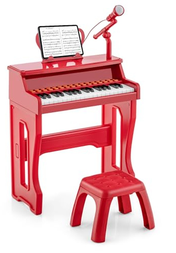 KOMFOTTEU Pianola Bambini Musicale Tastiera, Tastiera Digitale a 37 Tasti, Mini Tastiera per Bambini con Effetti Luminosi e Microfono, Strumenti Musicali con Sgabello, 22 Battiti/8 Toni/8 Ritmi, Rosso