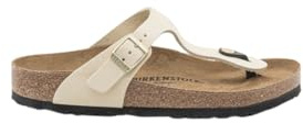 Birkenstock Latte women's flip flop sandal with metal buckle individually adjustable. The upper is made of fine nubuck leather. Anatomical footbed is made of cork and lat, ivory (ral 1013), 39 EU