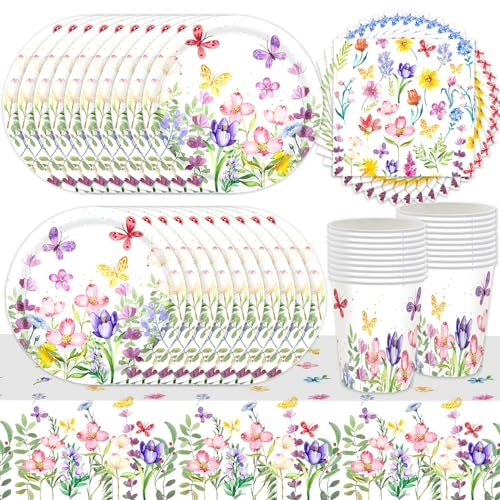 61Pcs Spring Summer Theme Party Tableware Set, Wildflowers, Flowers, Floral Butterflies Party Decorations, Flower Tablecloths Plates Paper Cups Napkins (20 Guests)