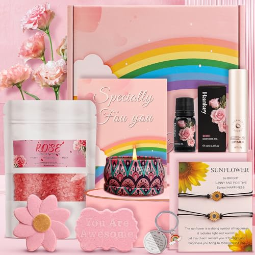 Pearshek 10pc Rose Pamper Gift Set for Women - You Are Awesome Self Care Kit with Sunflower Wish Bracelets & Lip Balm, Luxury Relaxation Spa Hamper for Mum, Friend, Sister, Birthday, Get Well Soon