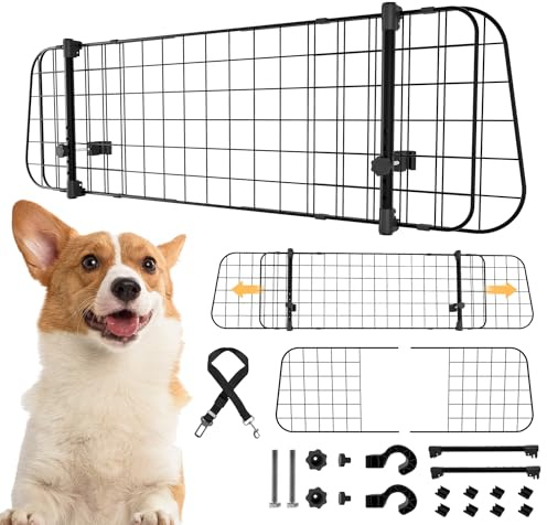 Herrselsam Grille de protection de voiture, pour chien, largeur réglable, grille de séparation pour coffre de chien, avec ceinture de sécurité, filet de voiture