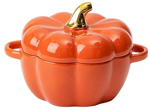 XEIJAYI Ceramic Soup Tureen，Ceramic Pumpkin Soup Bowl with Lid, Pumpkin Bowl Dish Soup Cereal Ceramic with Lid, Fashion Creative Tableware(Orange)