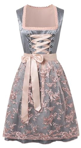 Kleid Dirndl Damen, Midi für Oktoberfest, mit Schürze und Bluse Fernblau geblümt Kleidung Damen