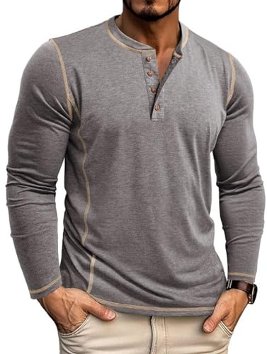 LAOARA Långärmad T-shirt för herr lång bomull Henley T-shirts med polokrage ledig T-shirt M-2XL