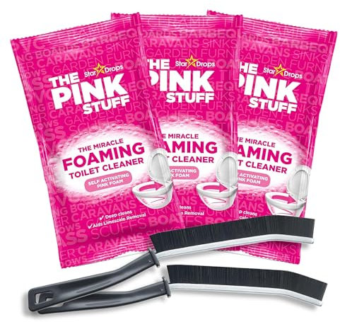 Pink Stuff Cleaning Products - Miracle Foaming Toilet Bowl Cleaner Limescale Remover Powder (3 Sachets) with 2 Crevice Brushes | Pink Stuff Toilet Cleaner, Toilet Foam Cleaner