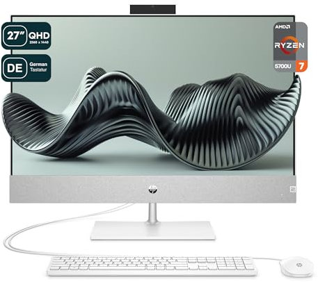 HP Pavilion All-in-One Desktop PC, AMD Ryzen 7 5700U, 64 GB DDR4 RAM, 2 TB PCIe SSD, 27 QHD IPS Display, AMD Radeon Graphics, Windows 11 Home, QWERTZ Tastatur + Maus, White