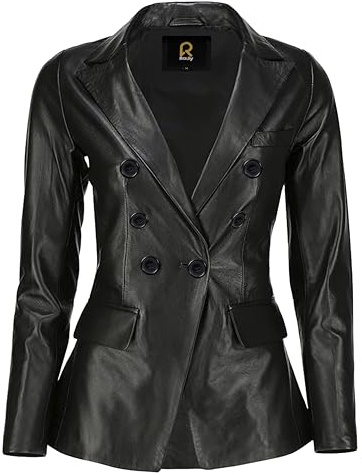 Rauly Women’s Genuine Leather Blazer Jacket –Double-Breasted Leather Coat for Women Black
