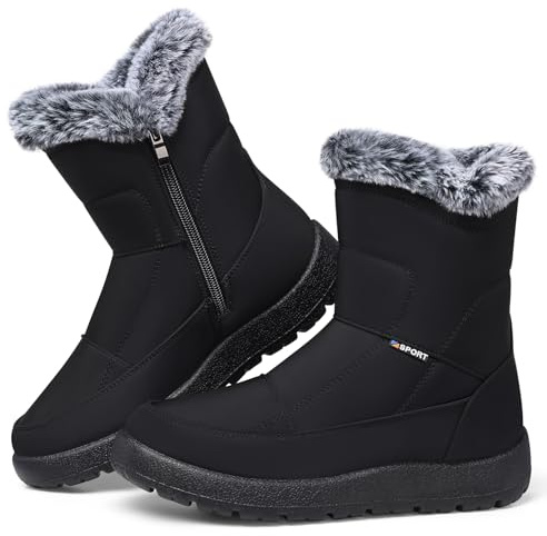 SHIBEVER Women's Snow Boots Winter: Waterproof Fur Lined Anti-Slip Ankle Booties Outdoor Comfortable Furry Women Snow Boot Black Size 7