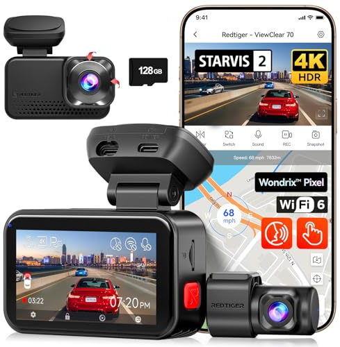 REDTIGER VC70 4K+2.5K Dashcam Voiture Avant Ariere,STARVIS 2 IMX678 x Wondrix™ HDR Lumière Noire Vision Nocturne,5.8GHz WiFi 30MB/s,Contrôle Vocal,Écran Tactile,128GB Carte,Moniteur de Parking,GPS