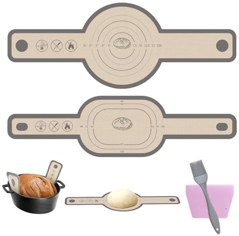 2PCS Silicone Bread Sling for Dutch Oven,Reusable Baking Mat with Long Handle,Non Stick Sourdough Sling for Transfer Sour Dough,Bread Mat for Baking,Baking Sling with Dough Scraper & Silicone Brush