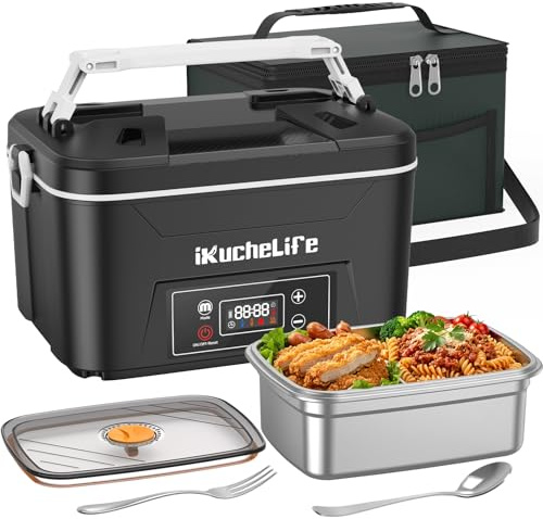 ikuchelife Scaldavivande Elettrico Portatile per Adulti con Batteria, 1200ML Lunch Box elettrico con Posate in acciaio inox e Borsa Termica, a Prova di Perdite per Auto, Camion e Ufficio