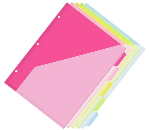 FOMIYES Set da 5 Divisori di Indice per Raccoglitori a 3 Fori in Plastica Resistente con Tasche Bifacciali e Linguette Colorate, Divisori per Cartelle A4 per Organizzazione Ufficio