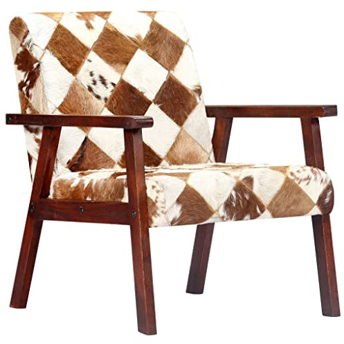 HETFTJN Poltrona moderna in pelle di capra con struttura in legno di acacia, 61 x 69 x 72 cm, effetto pelle di mucca, comoda poltrona lounge per soggiorno, camera da letto e balcone