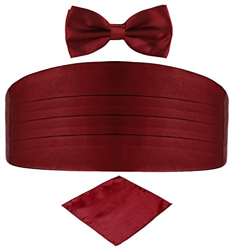 DonDon Men's triple pack with colour coordinated cummerbund bow tie breast pocket handkerchief perfect for special occassions - Dark red