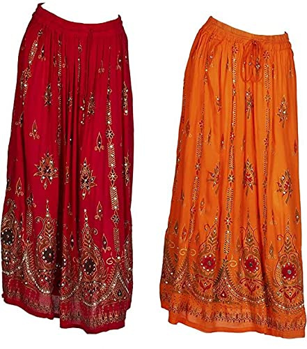 JOTW 2 Pack of Indian Long Skirts with Sequins & Embroidered Designs (IND#9603) (Red and Orange), Red and Orange