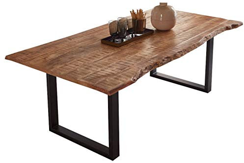 SAM Esstisch 200 x 100 cm Norina, Mangoholz massiv, lackiert & naturfarben, Baumkantentisch mit U-Metallgestell in Mattschwarz, echte Baumkante