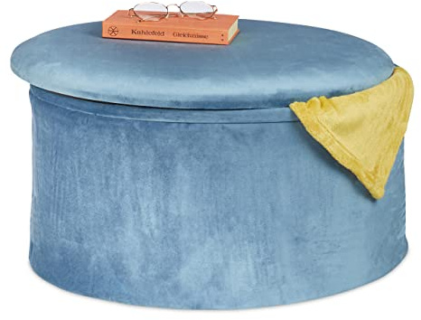 Relaxdays Pouf Contenitore Rotondo, Sgabello Poggiapiedi Imbottito, Puffo in Stoffa di Velluto, Celeste, Verde, 31 x 57 cm, 1 pz